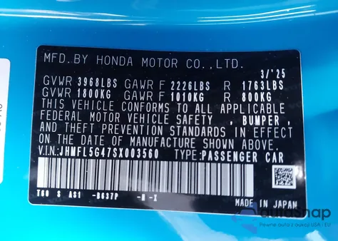 2025 Honda Civic Type R z USA, uszkodzony, nr VIN JHMFL5G47SX003560